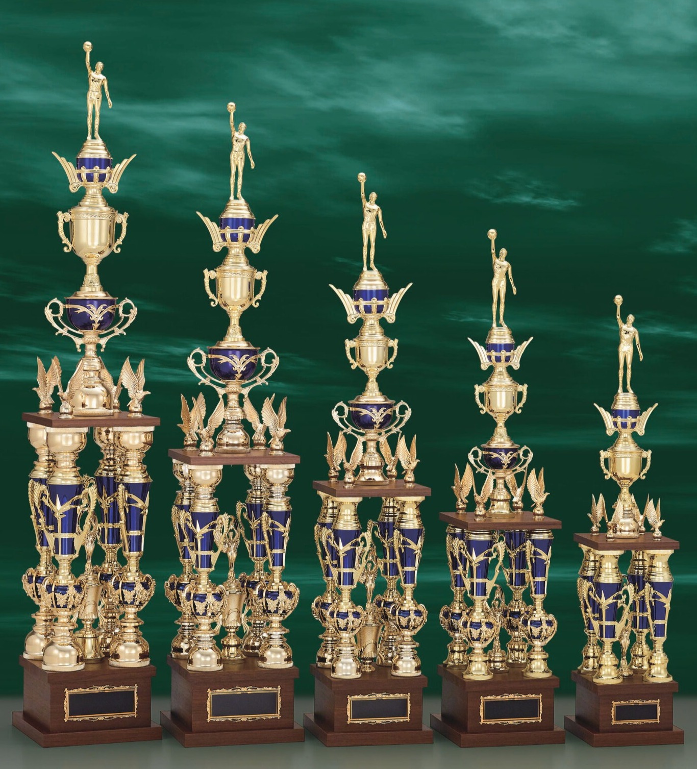 オリジナルトロフィー 大型トロフィー 四本柱 ゴールド ブルー装飾 表彰大会 コンテスト 名入れ対応